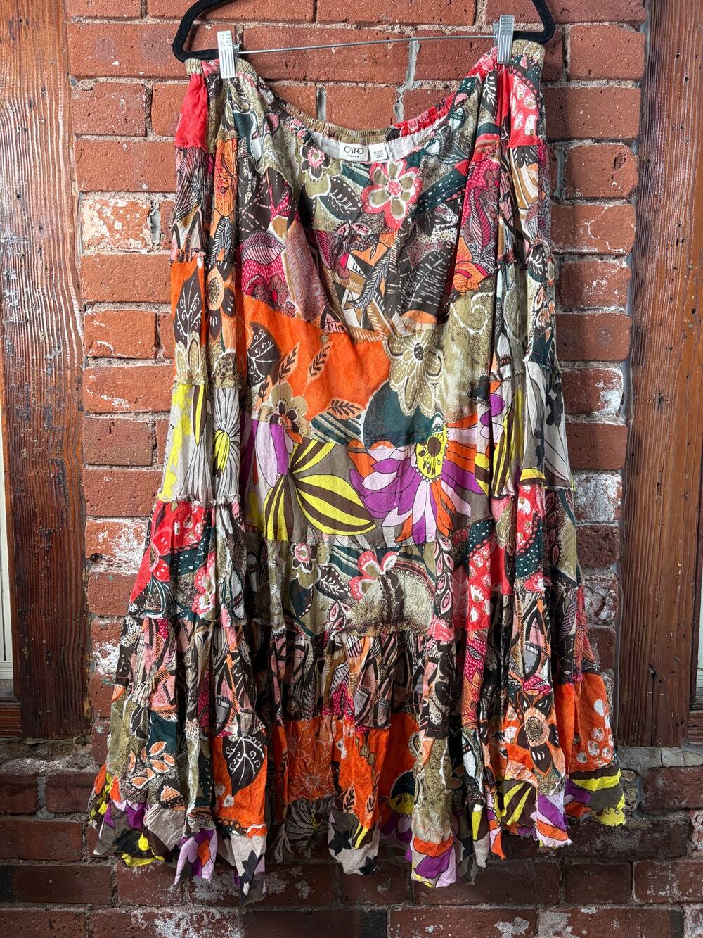 Vintage Cato Patchwork Tiered Multicolor Floral Paisley Scarf Skirt Boho 18-20